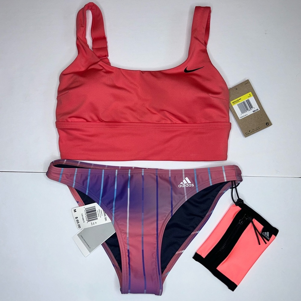 NIKE Essentials Swim Top paired with Adidas Melbourne Swim Bikini Bottoms NWT - Picture 1 of 6